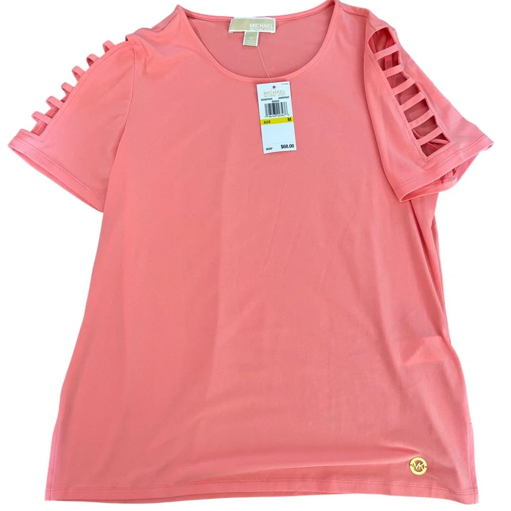 Michael Kors Grapefruit Pink Ladder Cutout Sleeve Top Size M New With Tags‎